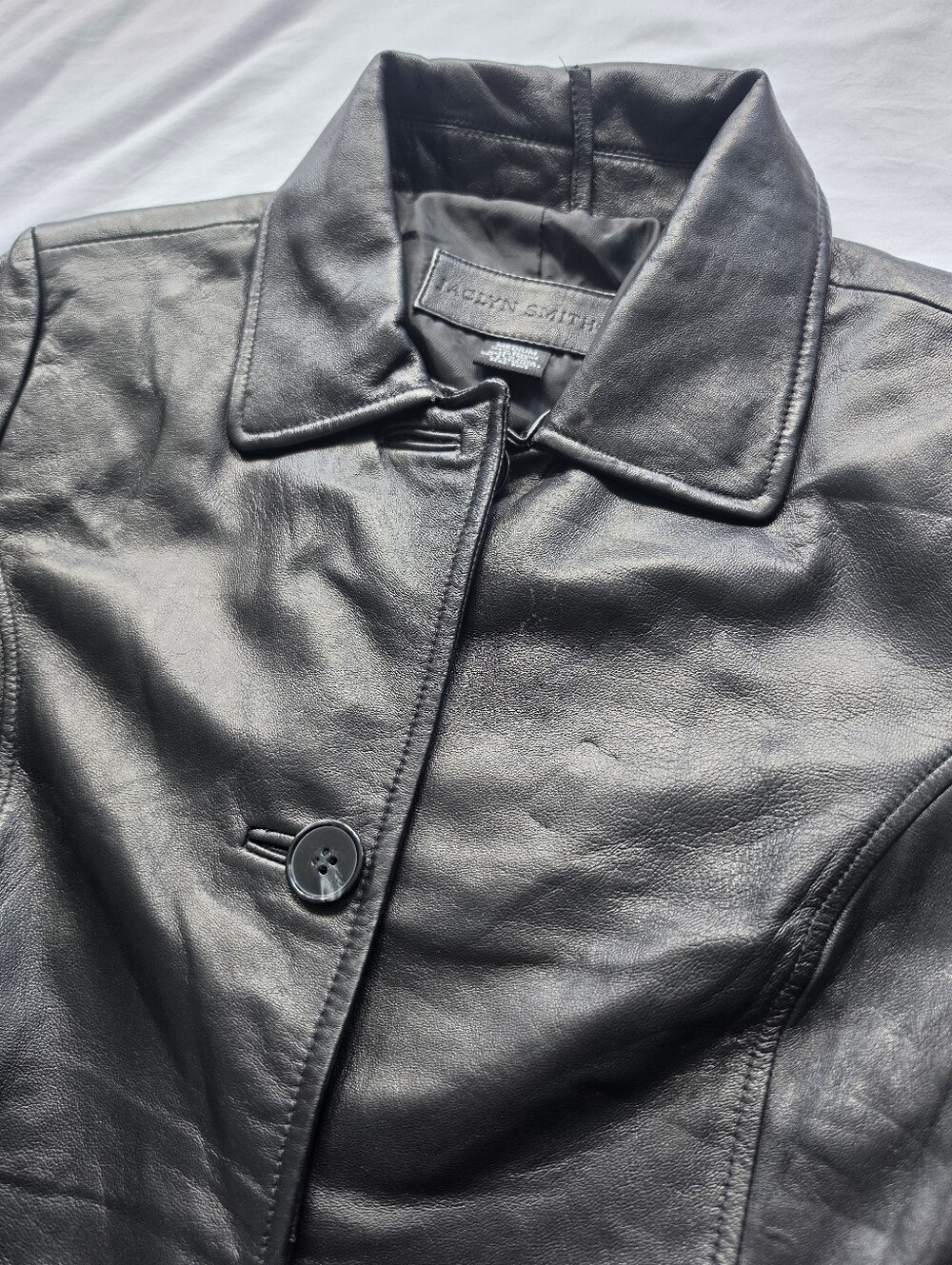 Jaclyn Smith Women's Black Genuine Leather Button Front Coat Jacket Medium